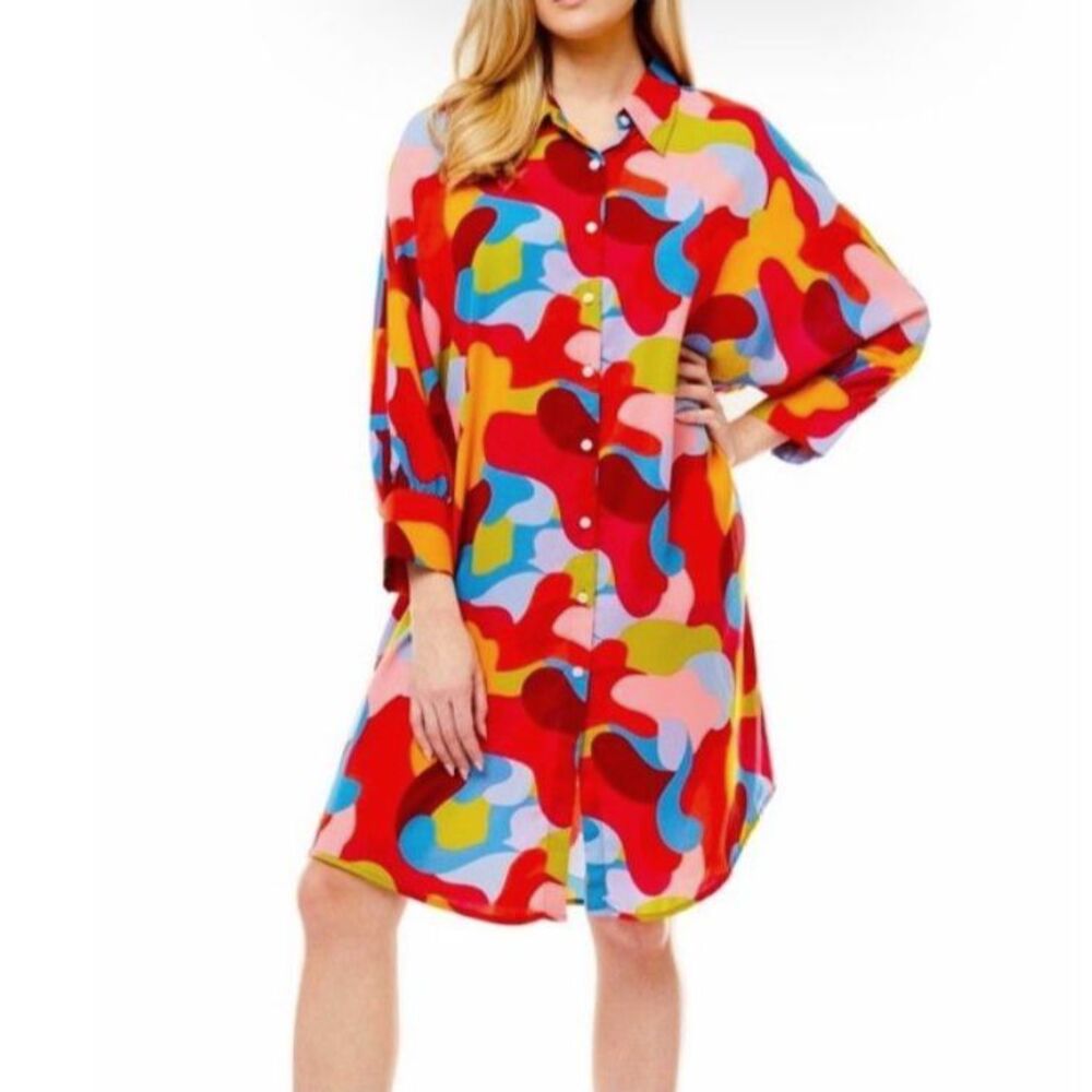 Love X Design Nordstrom Women's Vibrant Mod Abstract Camo LS Shirtdress Size M